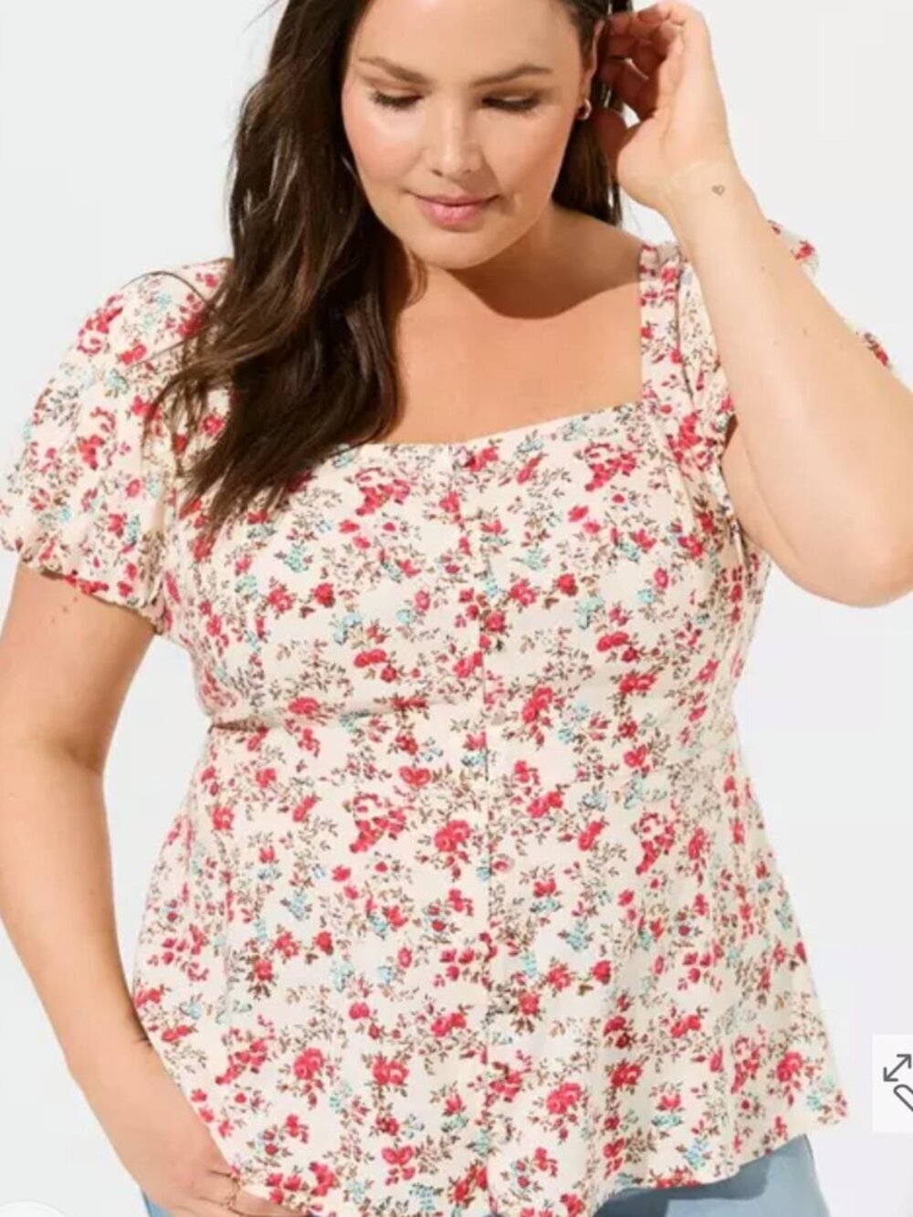 Torrid Red Floral Peplum Button Up Challis Puff Short Sleeve Top Size 1X